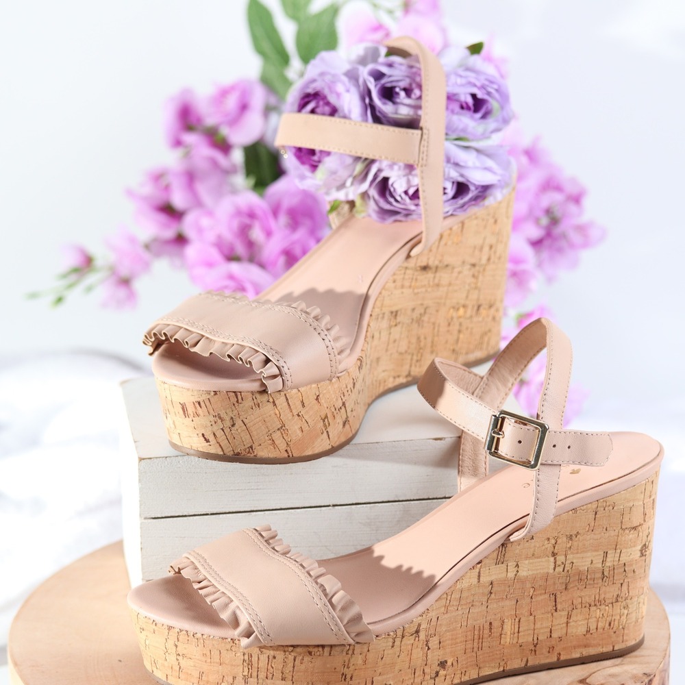 Kate Spade New York Ruffle Leather Cork Wedge Platform Sandals Beige Gold Buckle